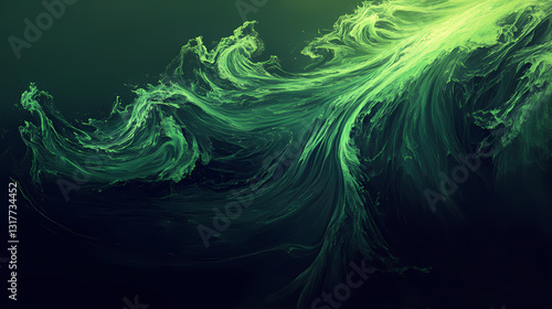 Luminous green waves with ethereal flowing patterns in the dark. dreamlike phosphorescent waves. illustration. Phosphorescent Waves. Illustration