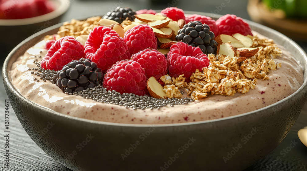 A freshly made smoothie with a thick creamy base filled with berries, nuts and seeds A freshly made smoothie with a thick creamy base filled with berries, nuts and seeds