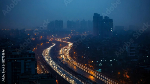 Night city highway scene, with light trails from cars, showcasing urban energy and movement, a dark blue cityscape at night