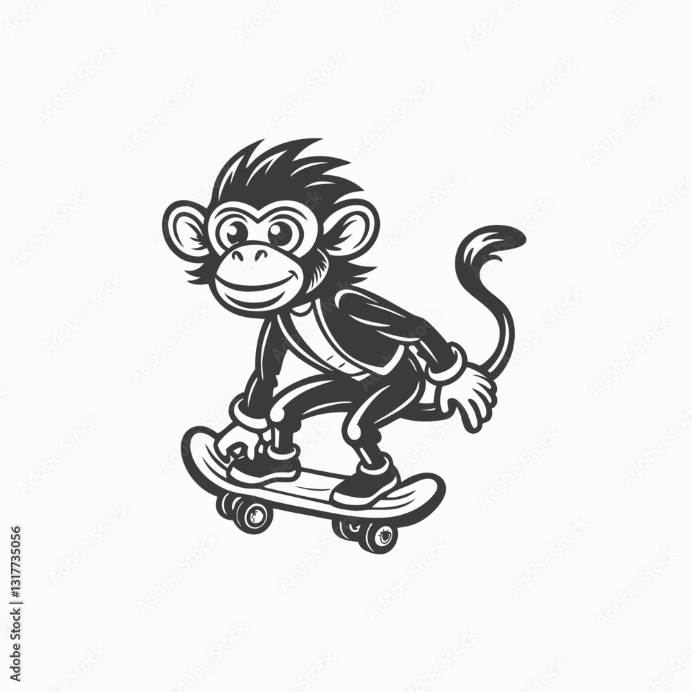 Black silhouette Cute Monkey Snowboarding. funny monkey chimp rides a board skateboard Vector illustration Black silhouette Cute Monkey Snowboarding. funny monkey chimp rides a board skateboard Vector illustration