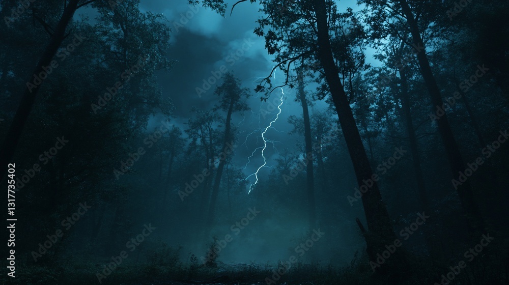 Fototapeta premium Eerie Night in the Forest: A Dramatic Lightning Strike Illuminates the Dark Woods