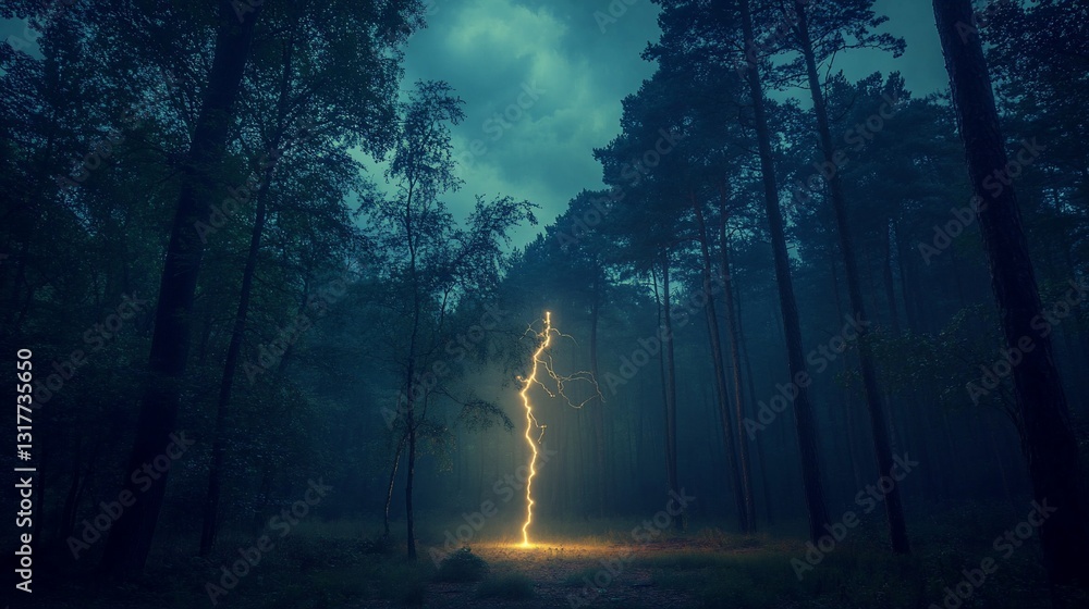 Mystical Night in the Forest: A Glowing Lightning Bolt Illuminates the Dark Woods Mystical Night in the Forest: A Glowing Lightning Bolt Illuminates the Dark Woods