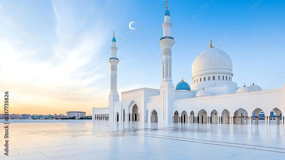 Obraz premium Majestic White Mosque at Sunrise Stunning Architectural Detail Islamic Landmark