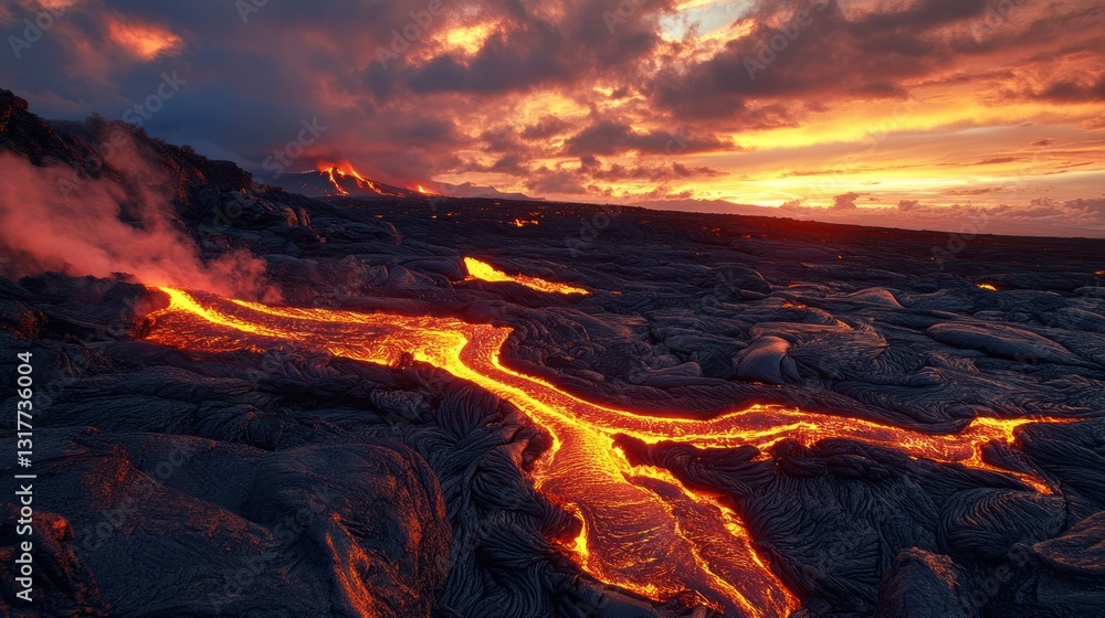 Fototapeta premium Volcanic lava flow at sunset, Hawaii, fiery landscape