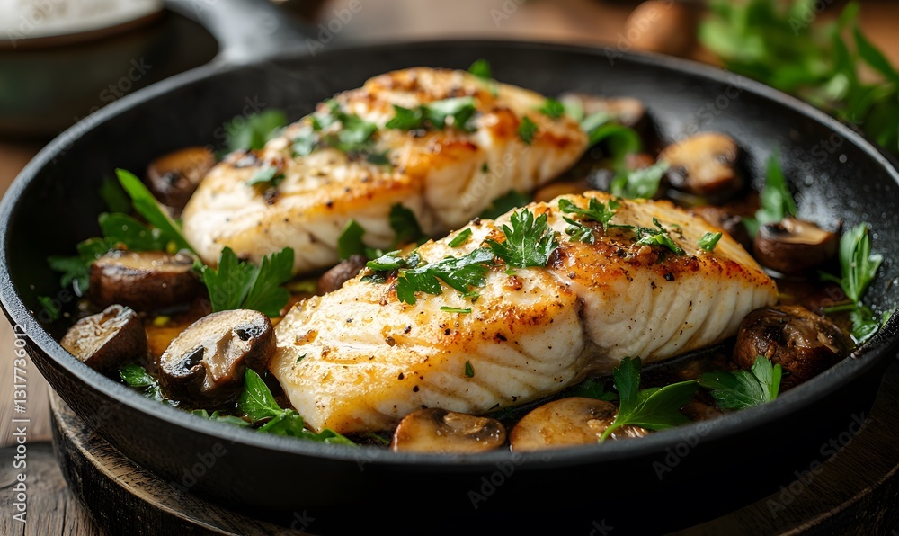 Pan-Seared Cod Fillets with Garlic Butter Mushrooms and Fresh Parsley Pan-Seared Cod Fillets with Garlic Butter Mushrooms and Fresh Parsley