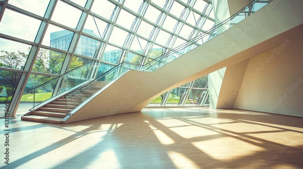 Obraz premium Modern glass building interior with staircase and sunlight.