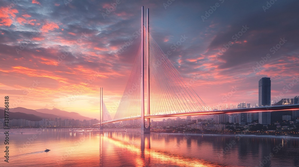 Obraz premium Sunset cityscape bridge, harbor, reflection, urban, design