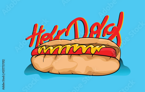 Hot dog with mustard on blue background with text