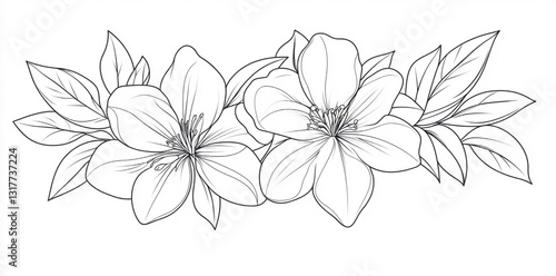 Fine Line Botanical Drawing with Leaves and Petals
