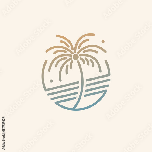 Elegant line-art palm tree inside a circular frame. Ideal for nature-inspired and vacation brands.