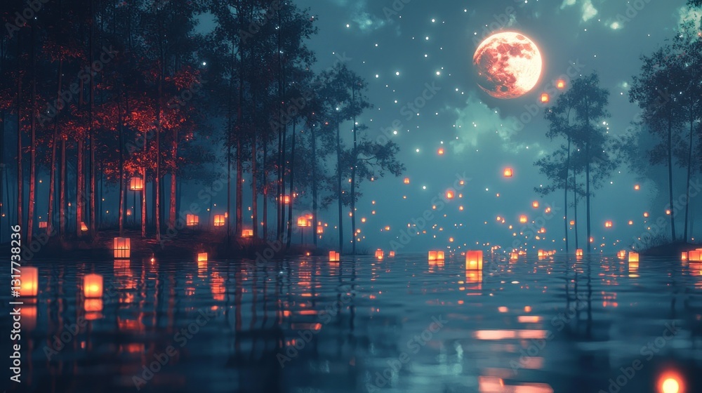 Obraz premium Enchanting moonlit forest scene with glowing lanterns floating on serene lake.