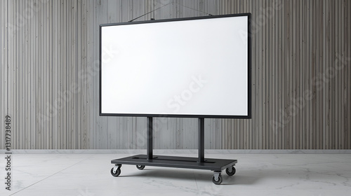 Mobile Blank White Screen TV Trolley Stand Mount Cart Exhibition LED Advertising Display. 3d render illustration.