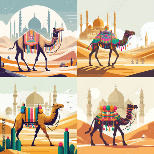 A camel decorated with colorful ropes walks in the middle of the desert with a mosque in the background, symbolizing the spiritual journey of the pilgrimage