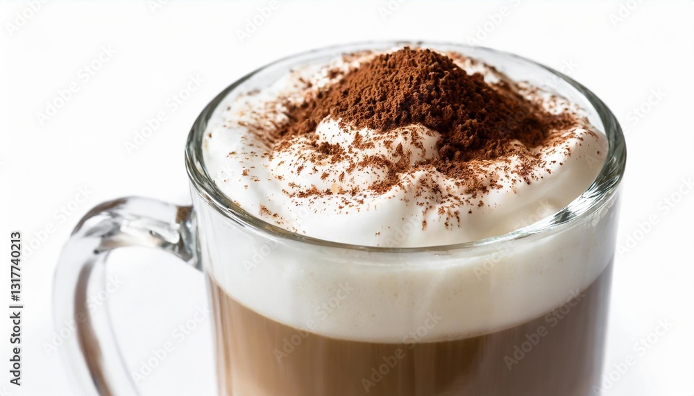 Foamy Cappuccino with Whipped Milk and Cocoa Powder in a Double Glass Mug Isolated on White Background Foamy Cappuccino with Whipped Milk and Cocoa Powder in a Double Glass Mug Isolated on White Background