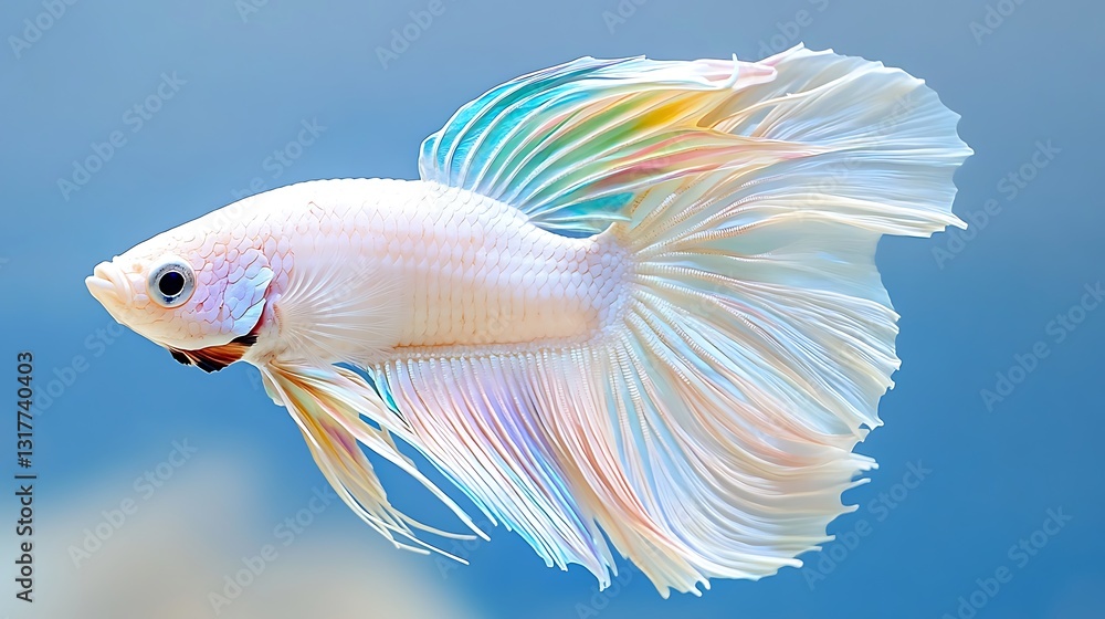 Fototapeta premium Elegant White Siamese Fighting Fish with iridescent fins aquatic pet vibrant colors underwater scene