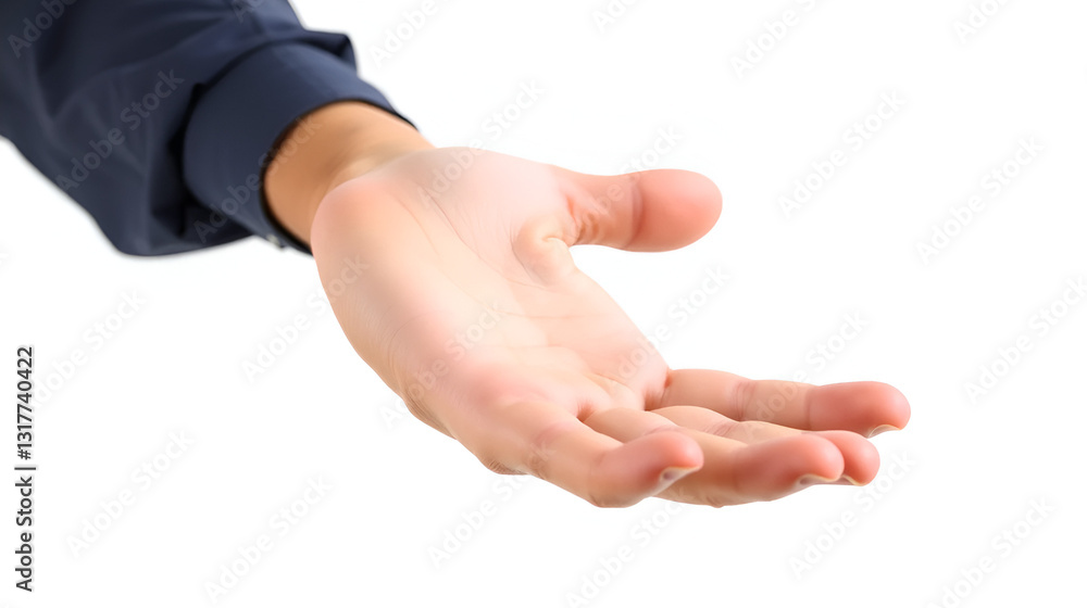 A man's hand outstretched, isolated from a transparent white background