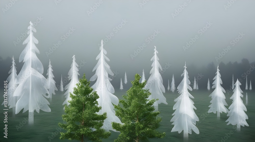 Fototapeta premium ghostly forest with fading silhouettes of trees lost in dense mist for ecological campaigns and deforestation warnings