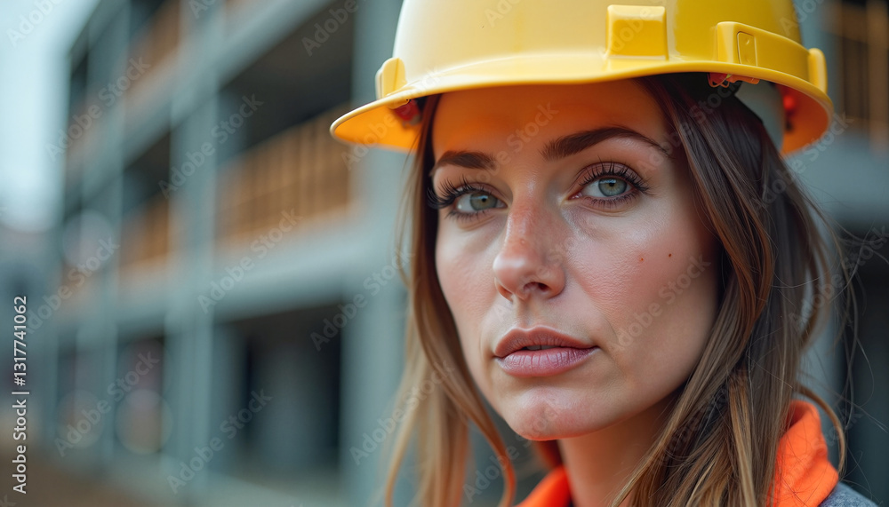 Determined female site manager wearing a hard hat, focused on construction site background, symbolizing leadership in the construction industry. Determined female site manager wearing a hard hat, focused on construction site background, symbolizing leadership in the construction industry.