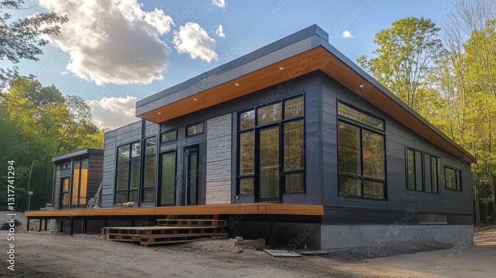 Fototapeta premium Modern modular home showcased in production facility with sleek design and efficient building processes for residential living