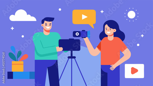 Lifestyle Vlogging A microinfluencer filming a vlog while a marketer holds a product in the background both enjoying the process.