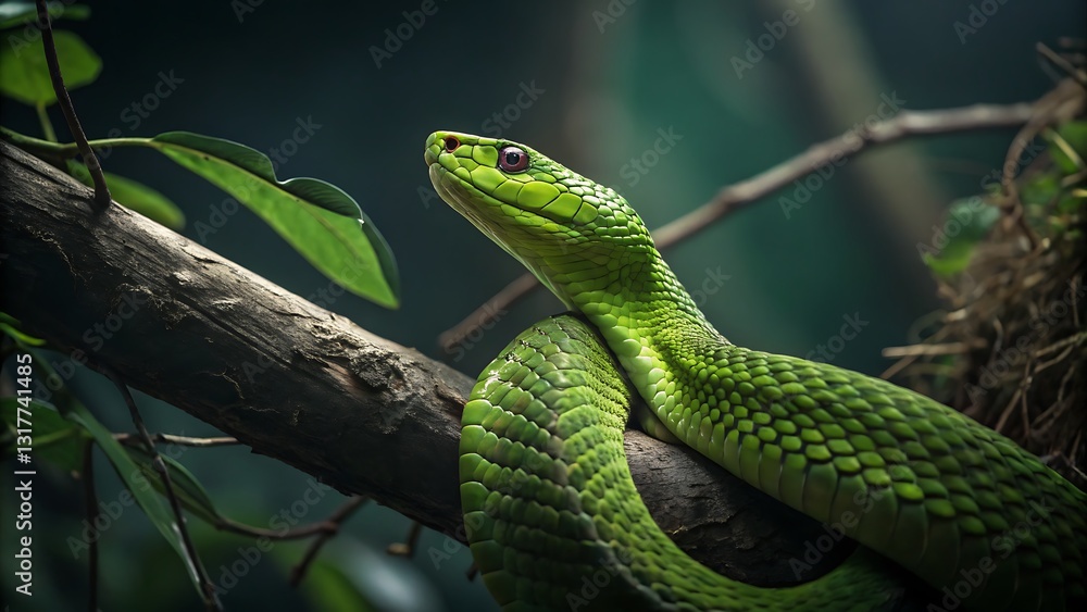 Obraz premium bright green snake curled on a tree branch, its piercing eyes staring forward.