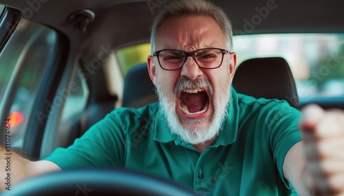 Irritated Senior Man In Green Shirt Driving Car And Shouting On Urban City Street Captured In A Photo Outdoors.
