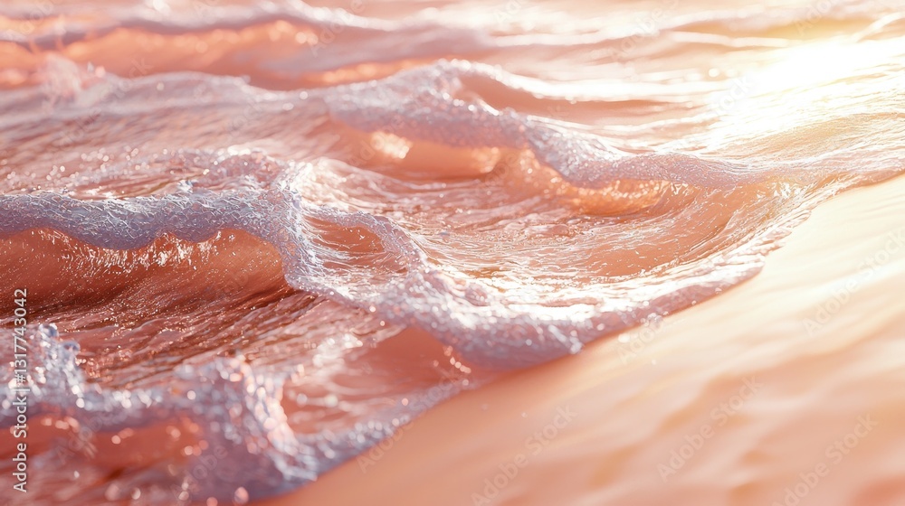 Fototapeta premium Close-up of gentle ocean waves lapping sandy shore at sunset.