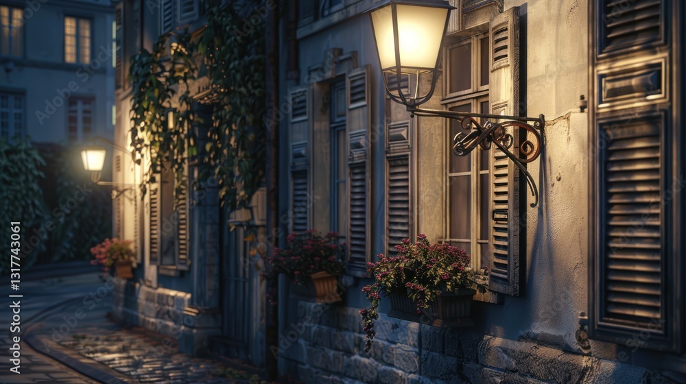 Charming Evening Street Scene with Warm Lanterns and Floral Decorations Charming Evening Street Scene with Warm Lanterns and Floral Decorations