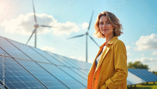 Confident female renewable energy expert smiling amidst solar panels and wind turbines under soft natural light, symbolizing sustainability.