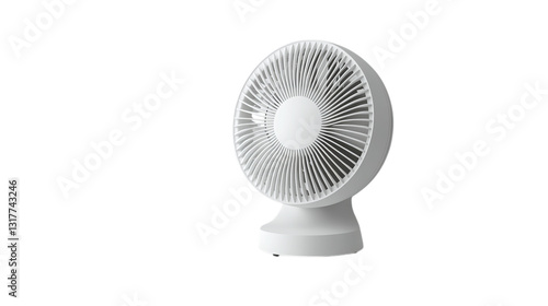 A white oscillating table fan on a white background --ar 16:9
