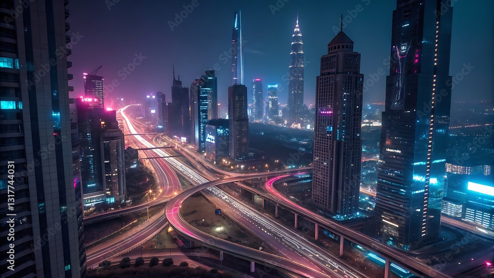 Fototapeta premium Futuristic cityscape at night, with glowing skyscrapers and vibrant neon light trails creating an energetic vibe