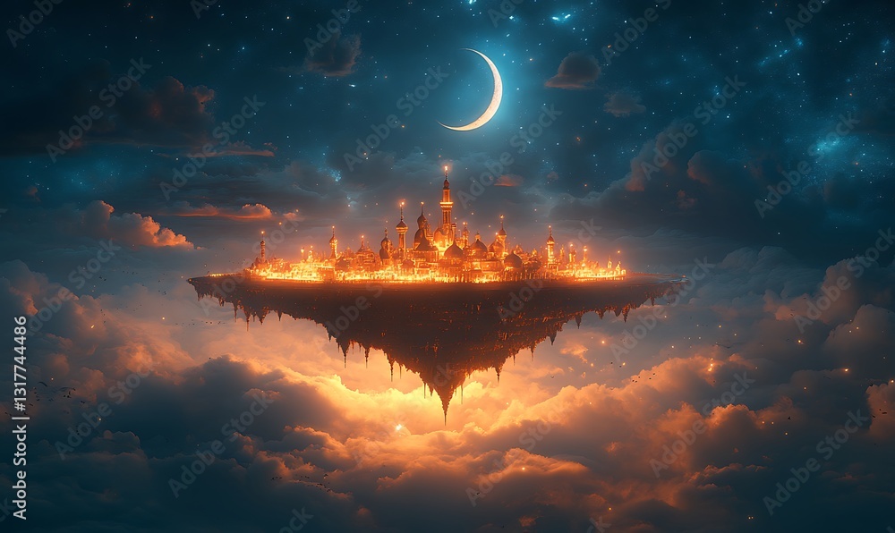 Fototapeta premium Mystical Floating Island City Glowing with Fiery Lights Against Starry Sky, Featuring Crescent Moon Above Fluffy Clouds