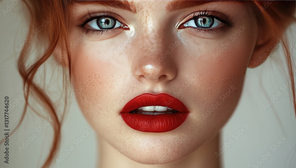 A stunning close-up portrait of a young woman showcasing her vibrant red lips and a sprinkle of freckles across her cheeks, her piercing blue eyes draw you in, framed by soft waves of hair cascading A stunning close-up portrait of a young woman showcasing her vibrant red lips and a sprinkle of freckles across her cheeks, her piercing blue eyes draw you in, framed by soft waves of hair cascading