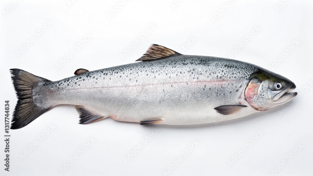 Naklejka premium Fresh Salmon on White Background with Silvery Skin and Streamlined Shape