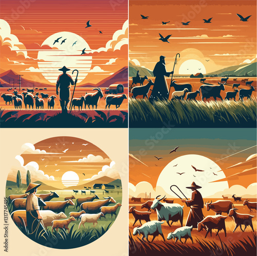 A shepherd in a wide meadow is herding healthy cows and goats in preparation for sacrifice, with the sunset in the background.