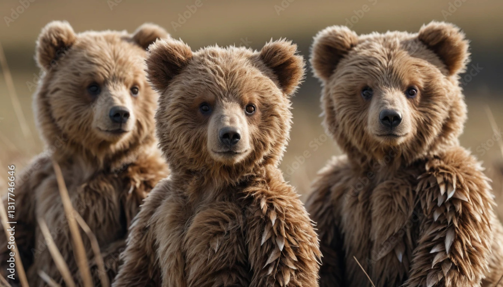 Obraz premium Three Brown Bears Sitting Together in a Grassy Outdoor Field