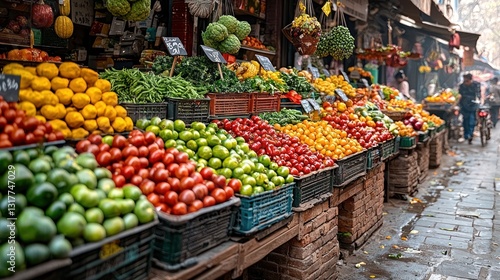 Vibrant market stalls overflowing with fresh produce