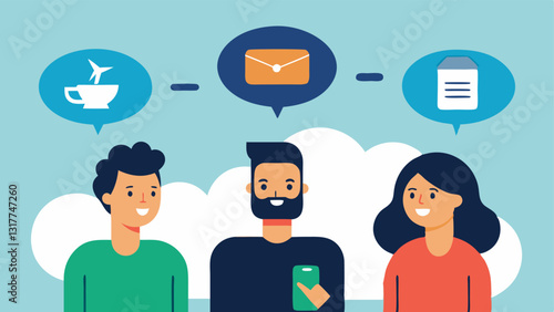 Group Travel Expenses A trio of nomads discussing their group travel expenses using a digital app with icons representing different expenses like accommodations and food.