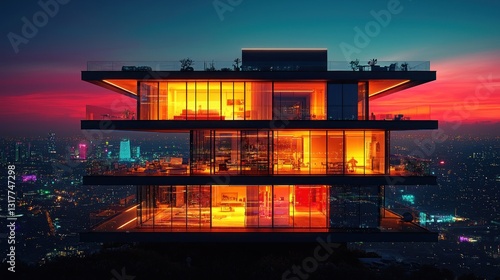 Modern penthouse, illuminated at night