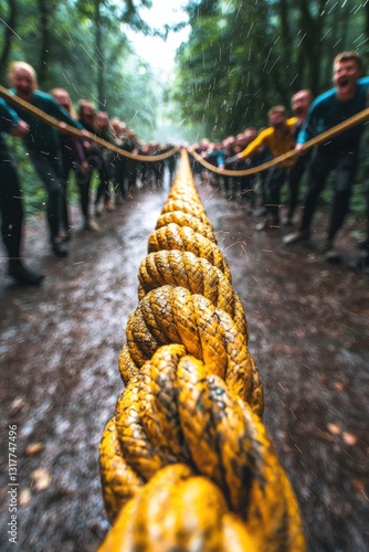 Group of people engaged in a tug of war competition in a forest during a rainy day with a focus on the rope in the foreground