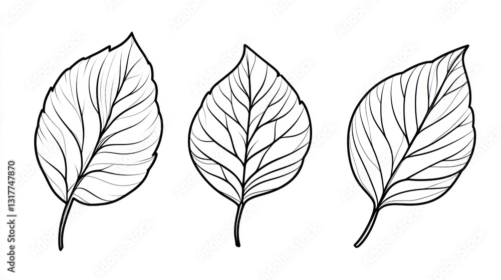 Obraz premium Three outlined leaves, isolated on white background, for design