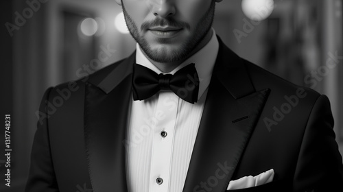 gentle man closeup groom tuxedo suit for luxury dinner black and white art tone.