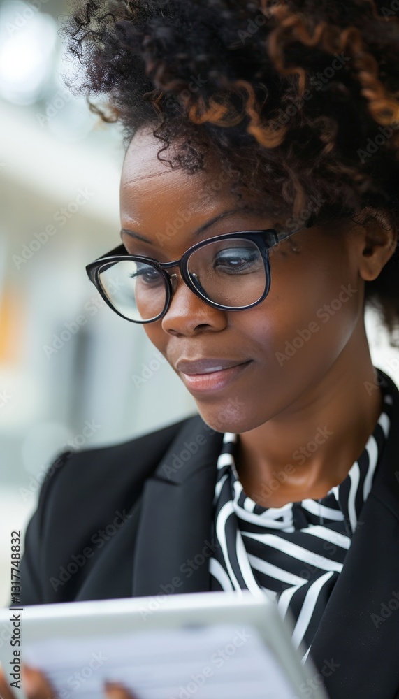 Businesswoman conducting stock market analysis using a tablet for investment insights Businesswoman conducting stock market analysis using a tablet for investment insights