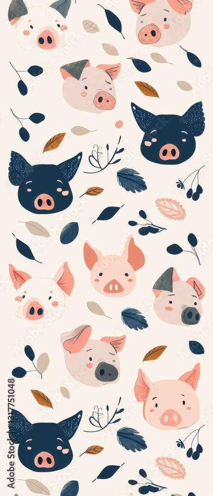 Obraz premium Repeating pig face vector pattern in a clean Scandinavian style with complex details and a two-color minimalist scheme.