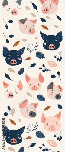 Repeating pig face vector pattern in a clean Scandinavian style with complex details and a two-color minimalist scheme.