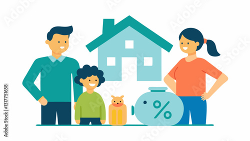 If Interest Rates Go Up An illustration showing a family budgeting at home with a visual of a rising interest rate and a savings bank on the table indicating the effect of rates on