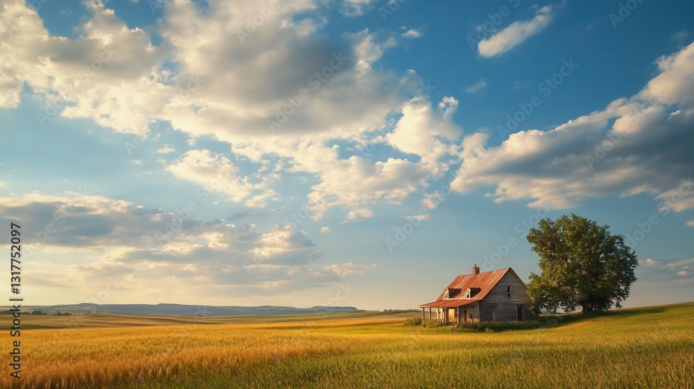 Serene Rustic Farmhouse in Golden Wheat Field Under a Summer Sky Serene Rustic Farmhouse in Golden Wheat Field Under a Summer Sky
