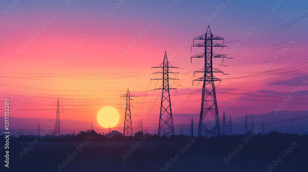 Silhouettes of power lines at sunset. Electric Twilight. Illustration Silhouettes of power lines at sunset. Electric Twilight. Illustration