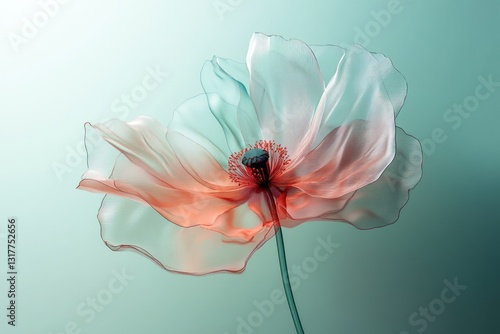 Translucent poppy flower, teal background, studio shot, nature beauty
