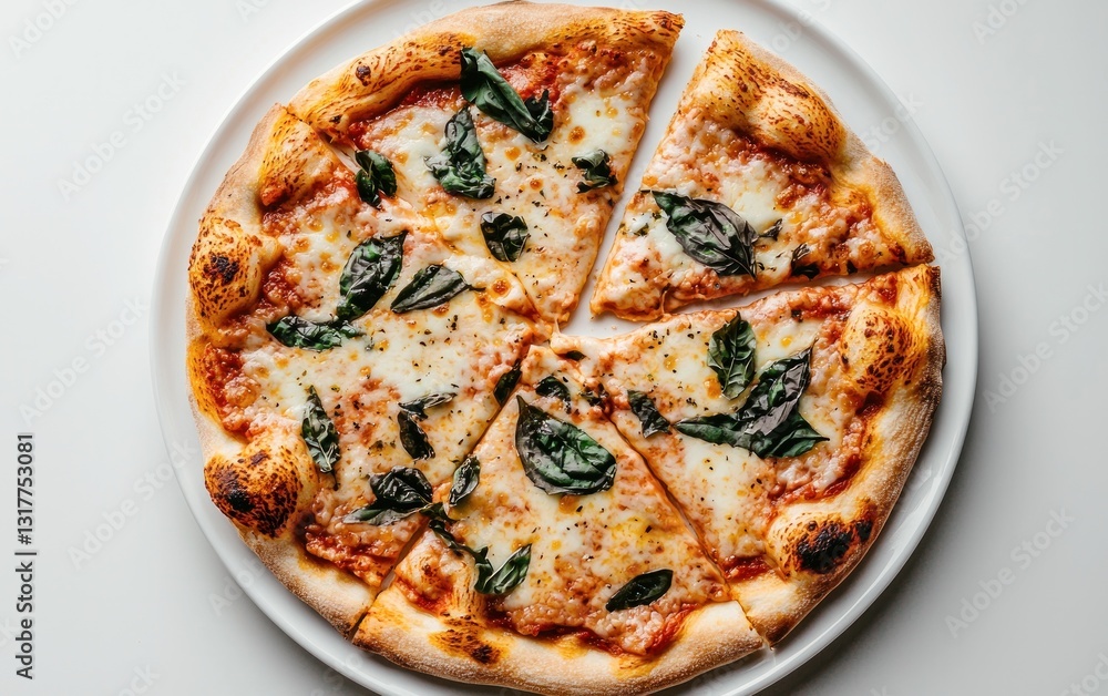 Sliced Cheese Pizza with Basil on White Plate Sliced Cheese Pizza with Basil on White Plate